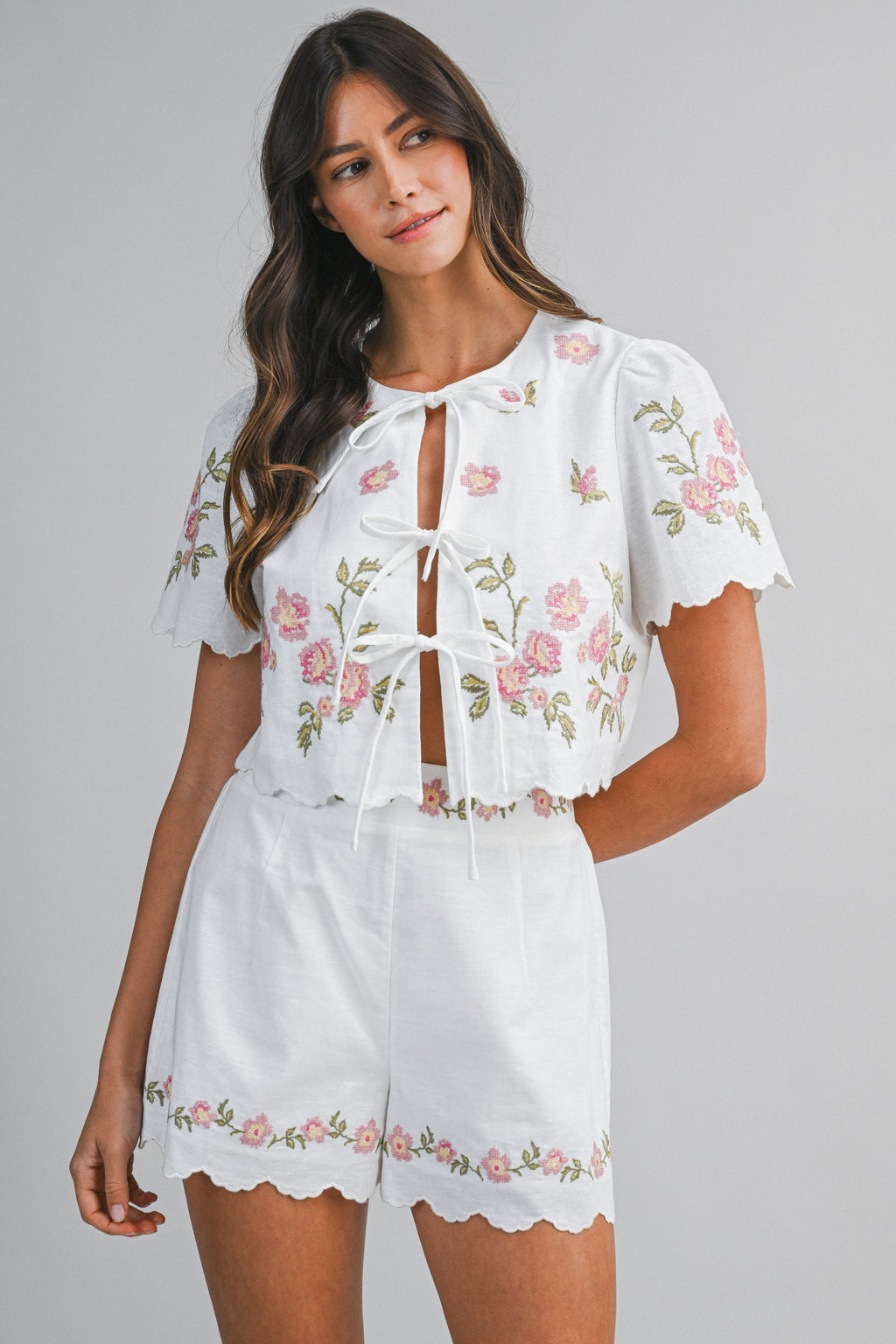 Bellflower Embroidered Tie Top Shorts Set