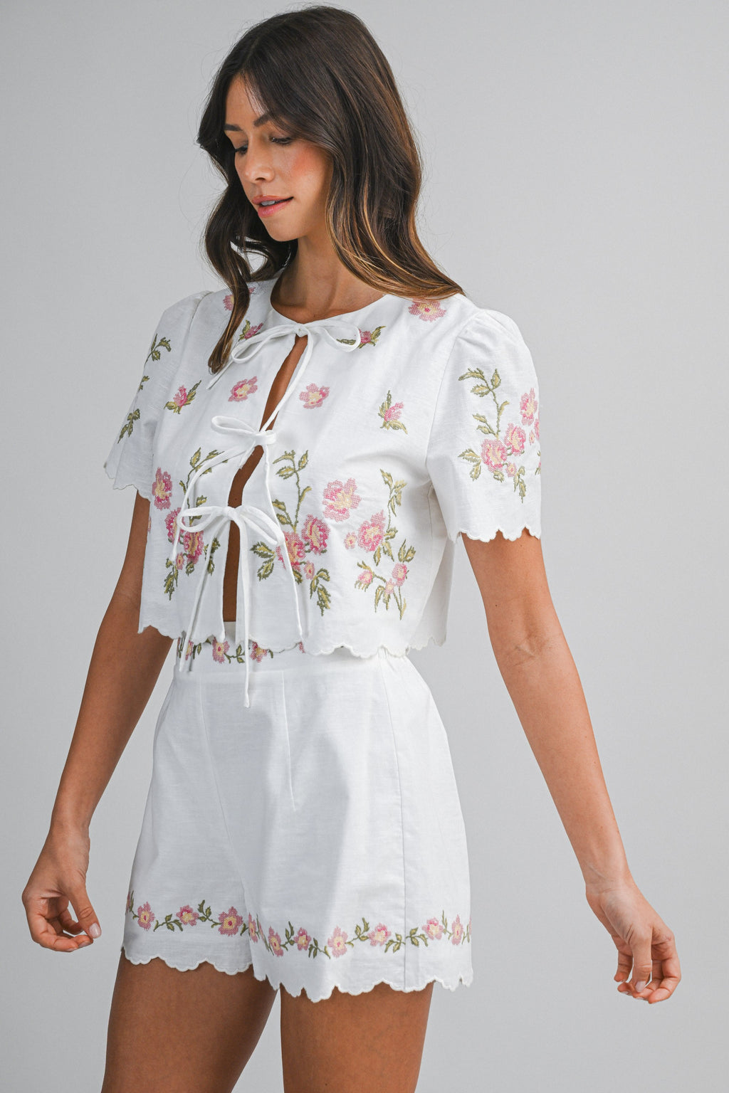 Bellflower Embroidered Tie Top Shorts Set