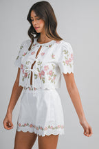 Bellflower Embroidered Tie Top Shorts Set