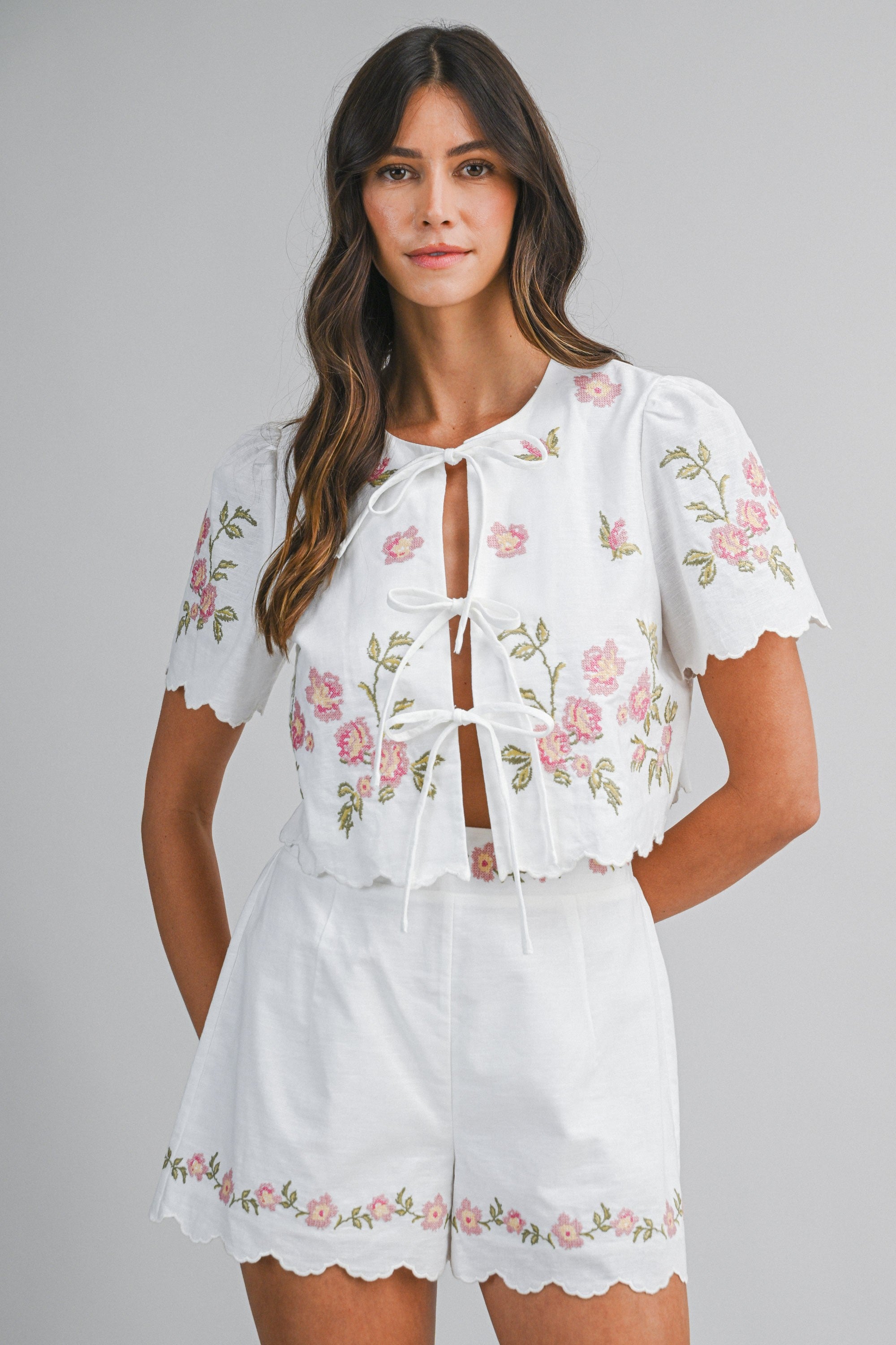 Bellflower Embroidered Tie Top Shorts Set Secondary image