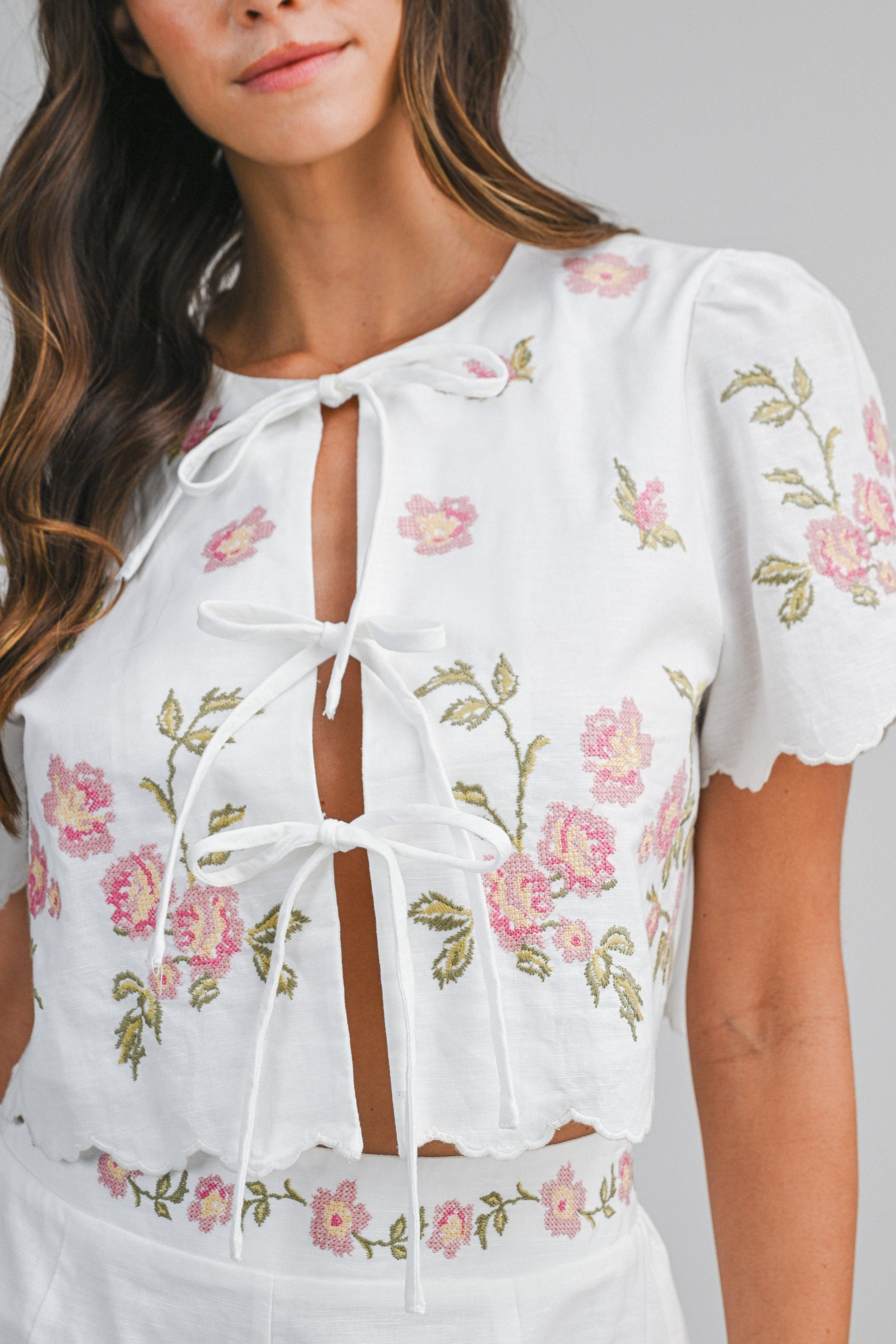 Bellflower Embroidered Tie Top Shorts Set