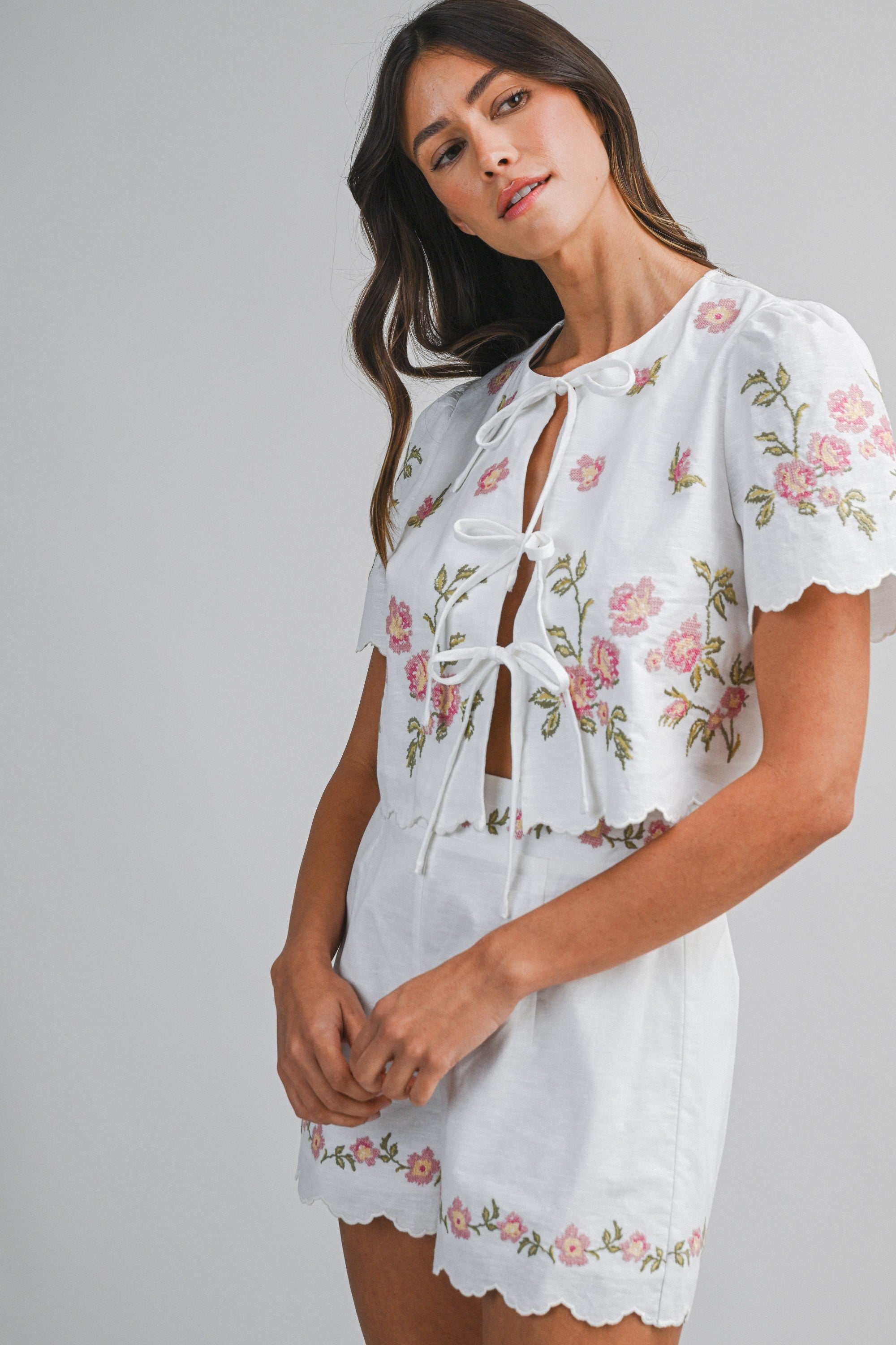 Bellflower Embroidered Tie Top Shorts Set