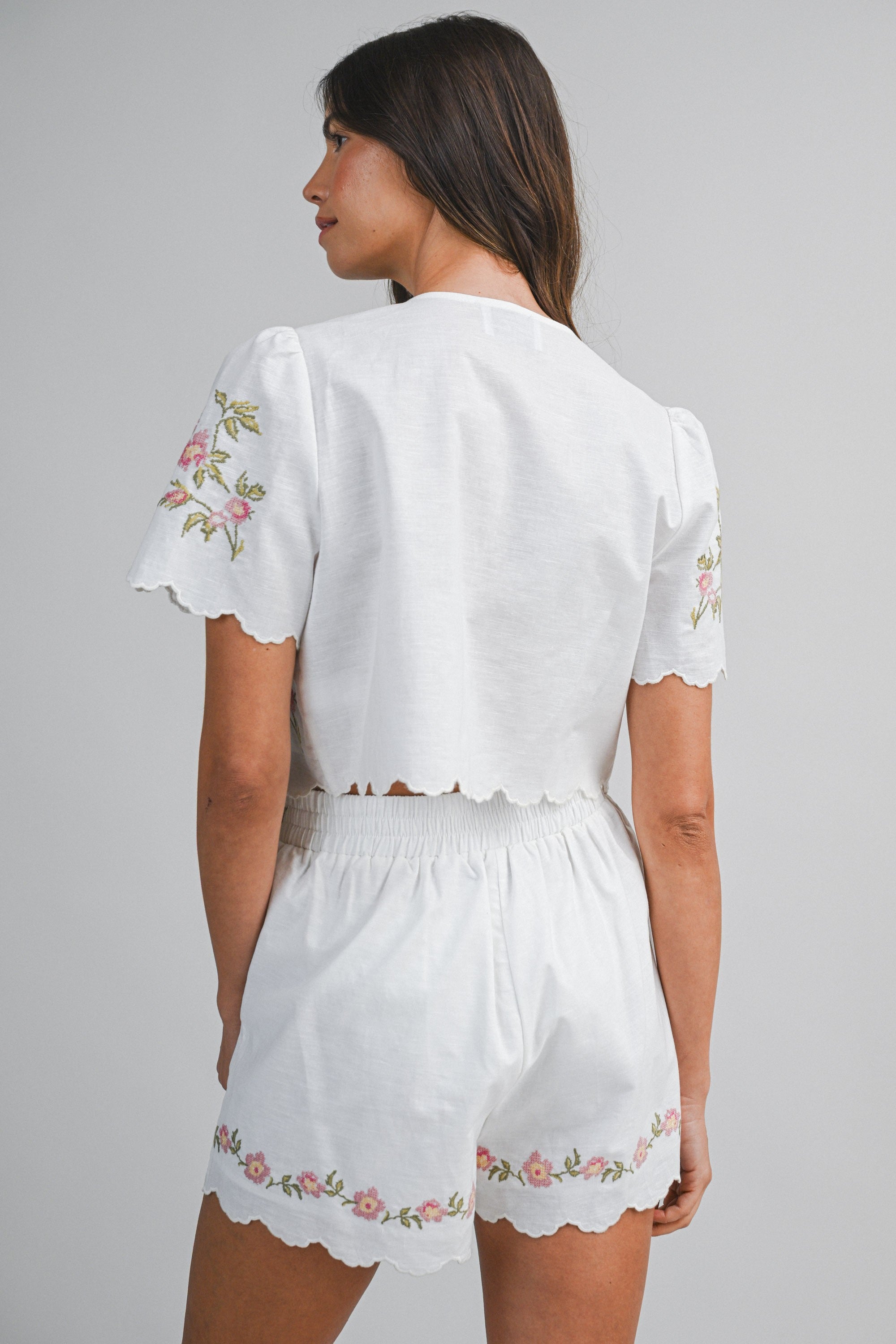 Bellflower Embroidered Tie Top Shorts Set