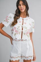 Bellflower Embroidered Tie Top Shorts Set