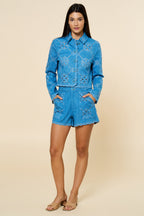 Mariposa Embroidered Eyelet Scalloped Trim Denim Shorts