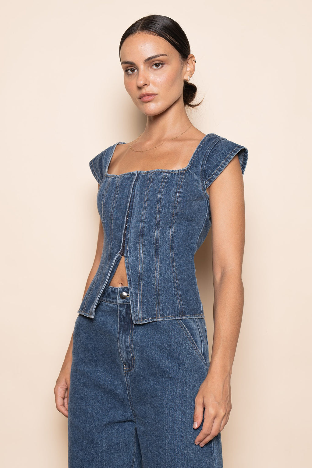 Corset Square Neck Cap Sleeve Top (Denim)