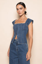 Corset Square Neck Cap Sleeve Top (Denim)