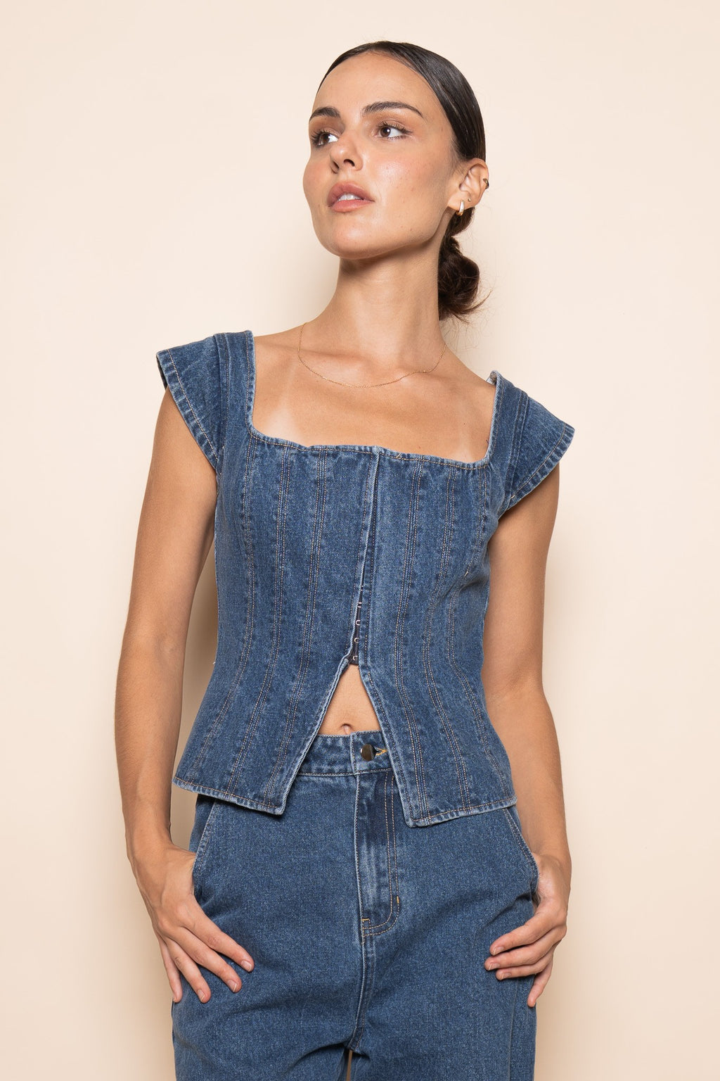 Corset Square Neck Cap Sleeve Top (Denim)