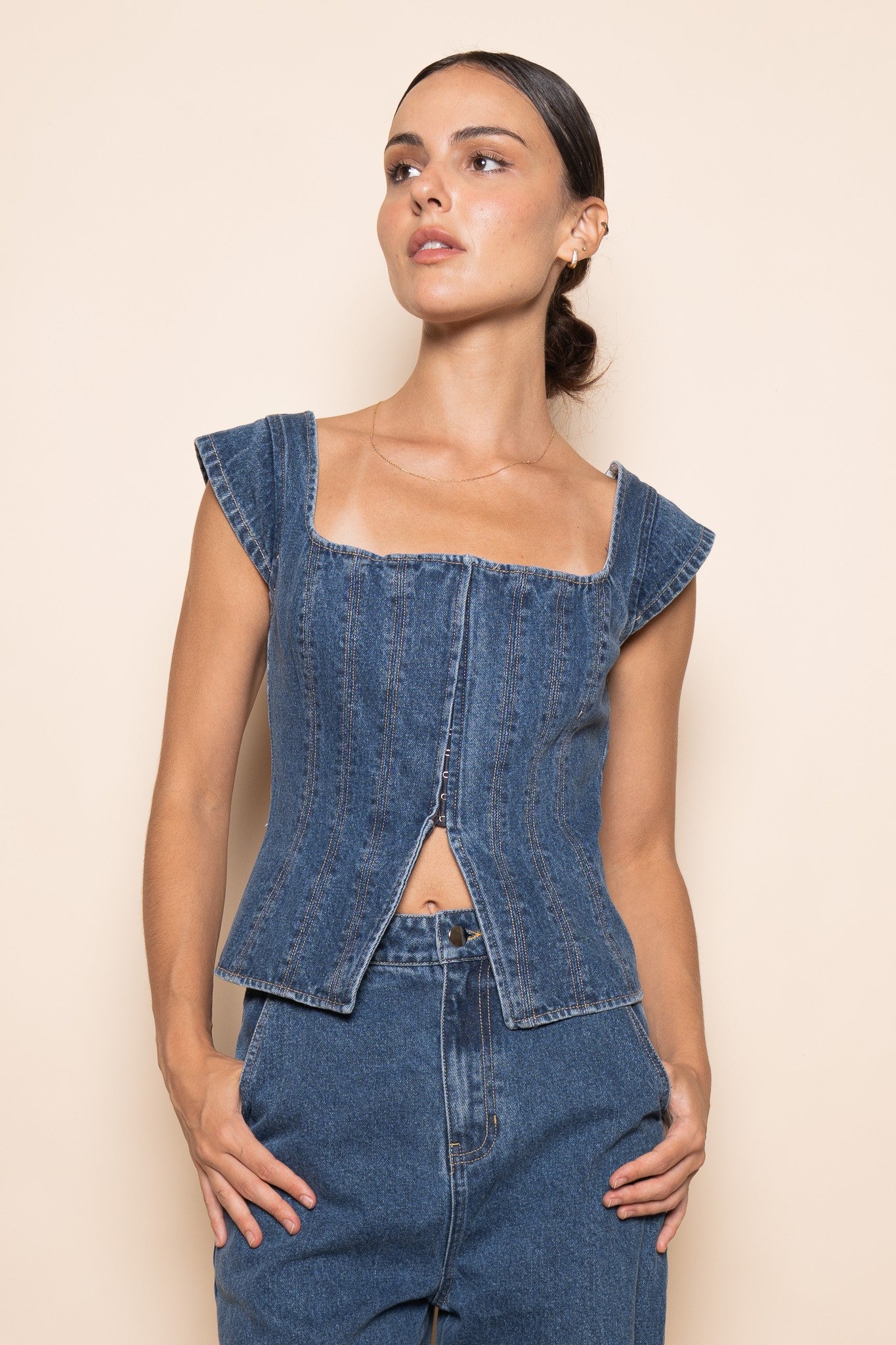 Corset Square Neck Cap Sleeve Top (Denim)