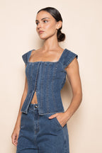 Corset Square Neck Cap Sleeve Top (Denim)