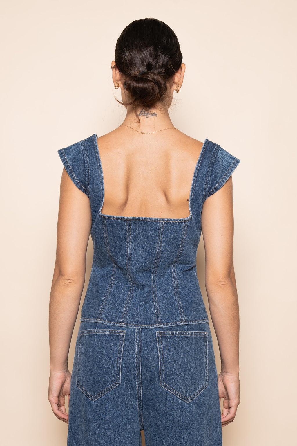 Corset Square Neck Cap Sleeve Top (Denim)