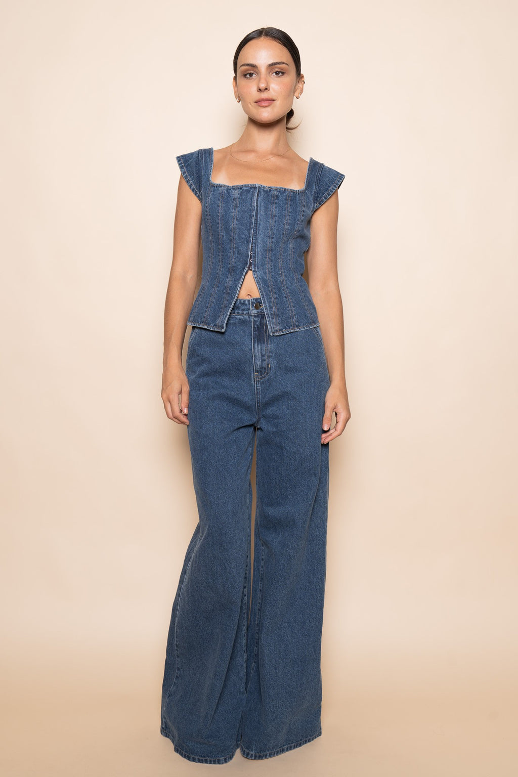 Corset Square Neck Cap Sleeve Top (Denim)