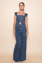 Corset Square Neck Cap Sleeve Top (Denim)