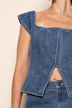 Corset Square Neck Cap Sleeve Top (Denim)