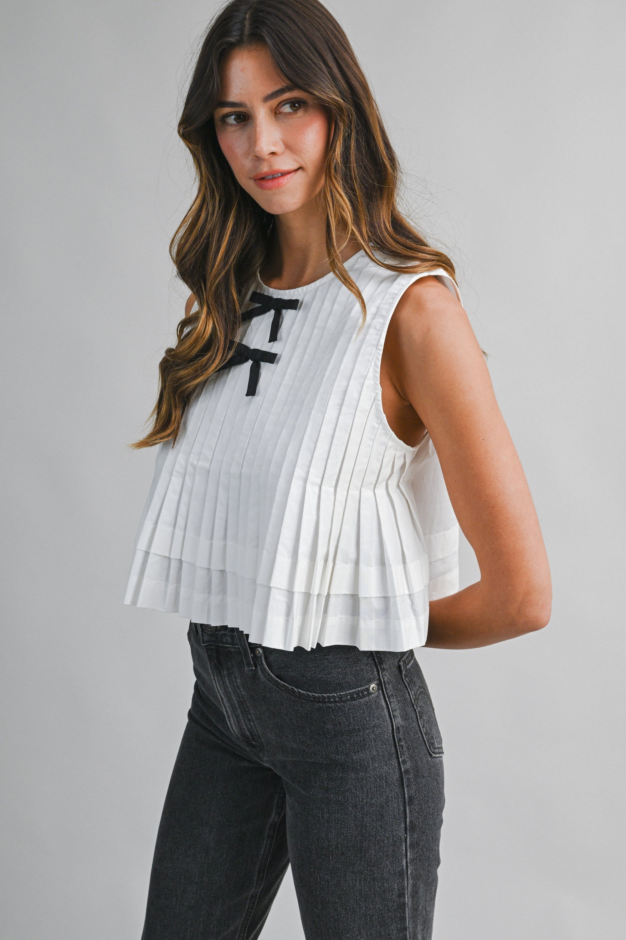 Pintuck Pleated Front Bow Detail Top