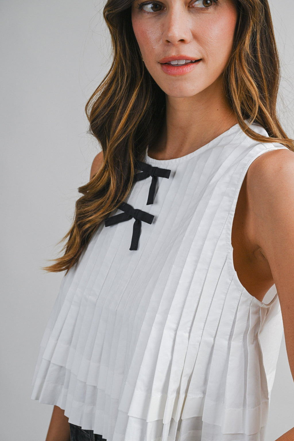 Pintuck Pleated Front Bow Detail Top