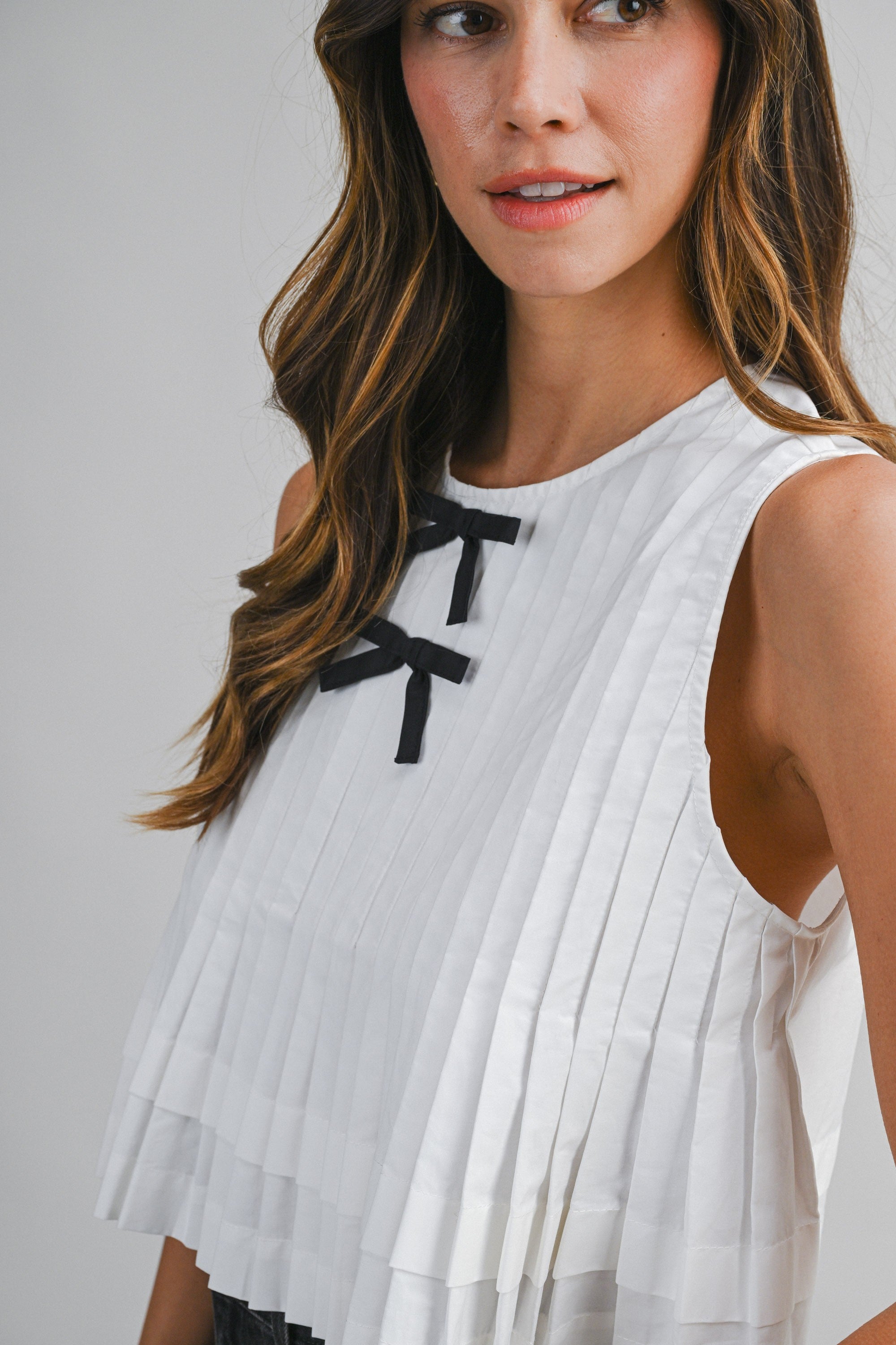 Pintuck Pleated Front Bow Detail Top