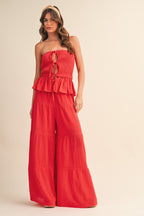 Strapless Peplum Top With Tiered Wide Leg Pants (Red)