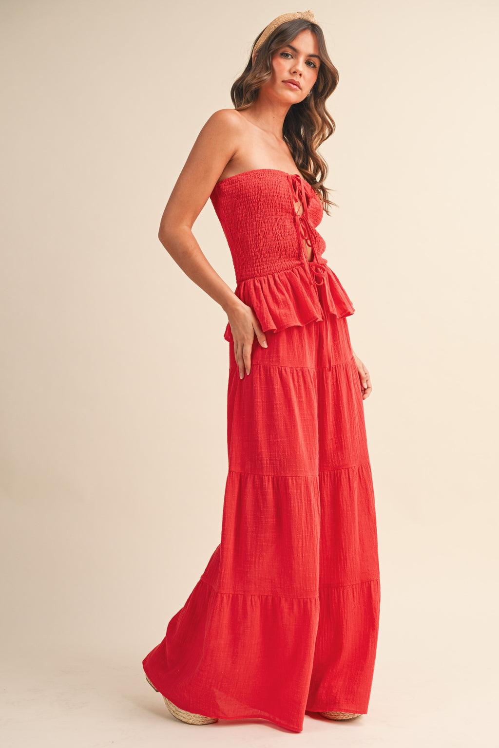 Strapless Peplum Top With Tiered Wide Leg Pants (Red)