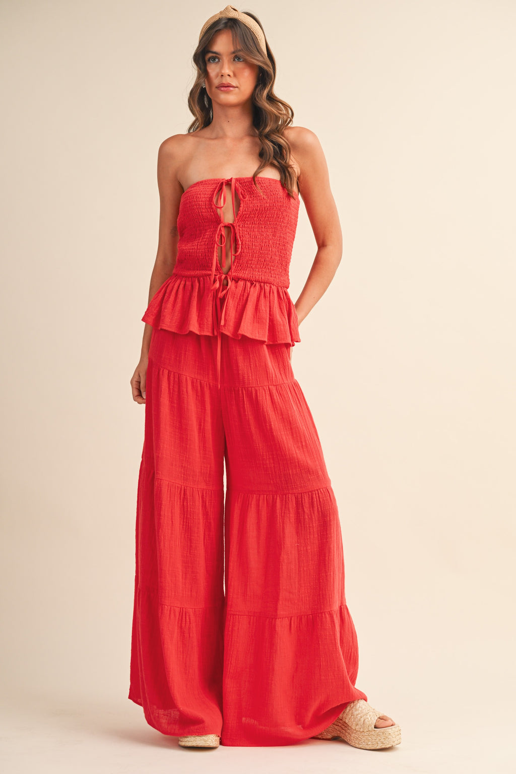 Strapless Peplum Top With Tiered Wide Leg Pants (Red)