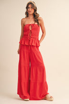 Strapless Peplum Top With Tiered Wide Leg Pants (Red)