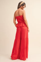 Strapless Peplum Top With Tiered Wide Leg Pants (Red)