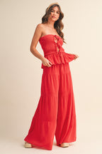 Strapless Peplum Top With Tiered Wide Leg Pants (Red)