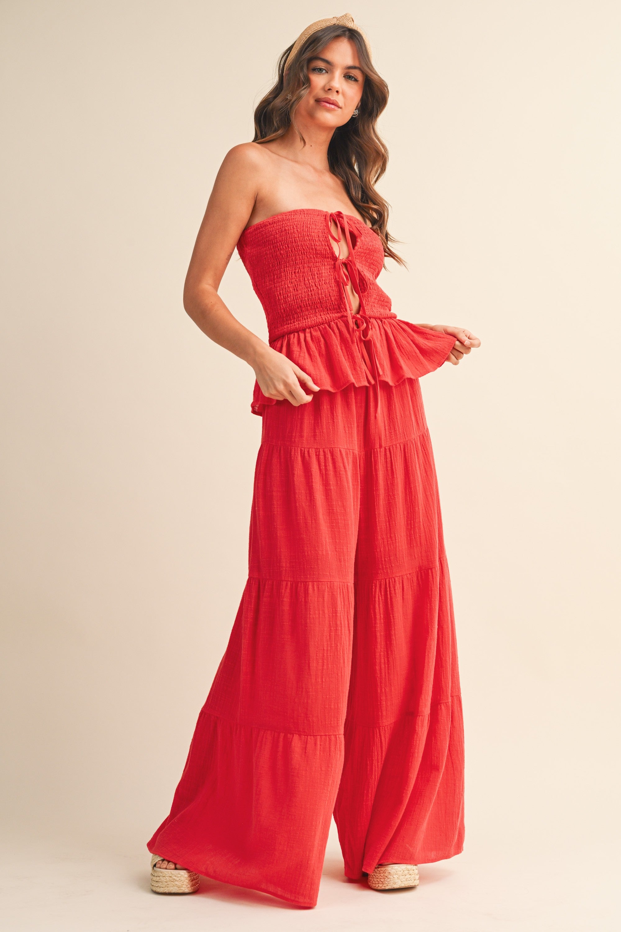 Strapless Peplum Top With Tiered Wide Leg Pants (Red)