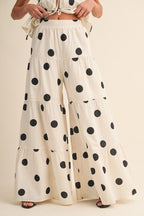 Polkadot Halter Tie-front Top & Tiered Wide-leg Pants Set