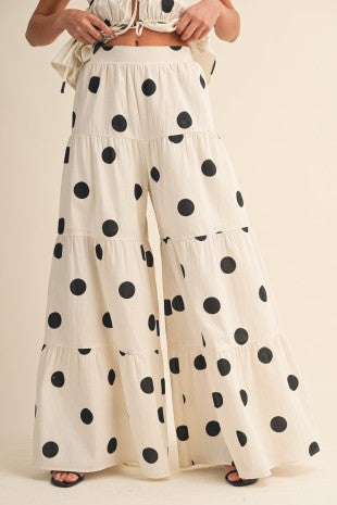 Polkadot Halter Tie-front Top & Tiered Wide-leg Pants Set