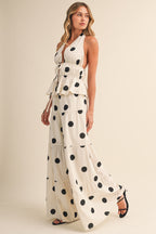 Polkadot Halter Tie-front Top & Tiered Wide-leg Pants Set