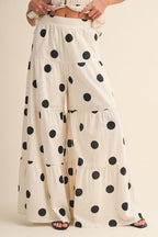 Polkadot Halter Tie-front Top & Tiered Wide-leg Pants Set