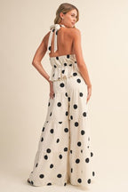 Polkadot Halter Tie-front Top & Tiered Wide-leg Pants Set