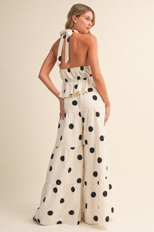 Polkadot Halter Tie-front Top & Tiered Wide-leg Pants Set