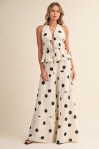 Polkadot Halter Tie-front Top & Tiered Wide-leg Pants Set