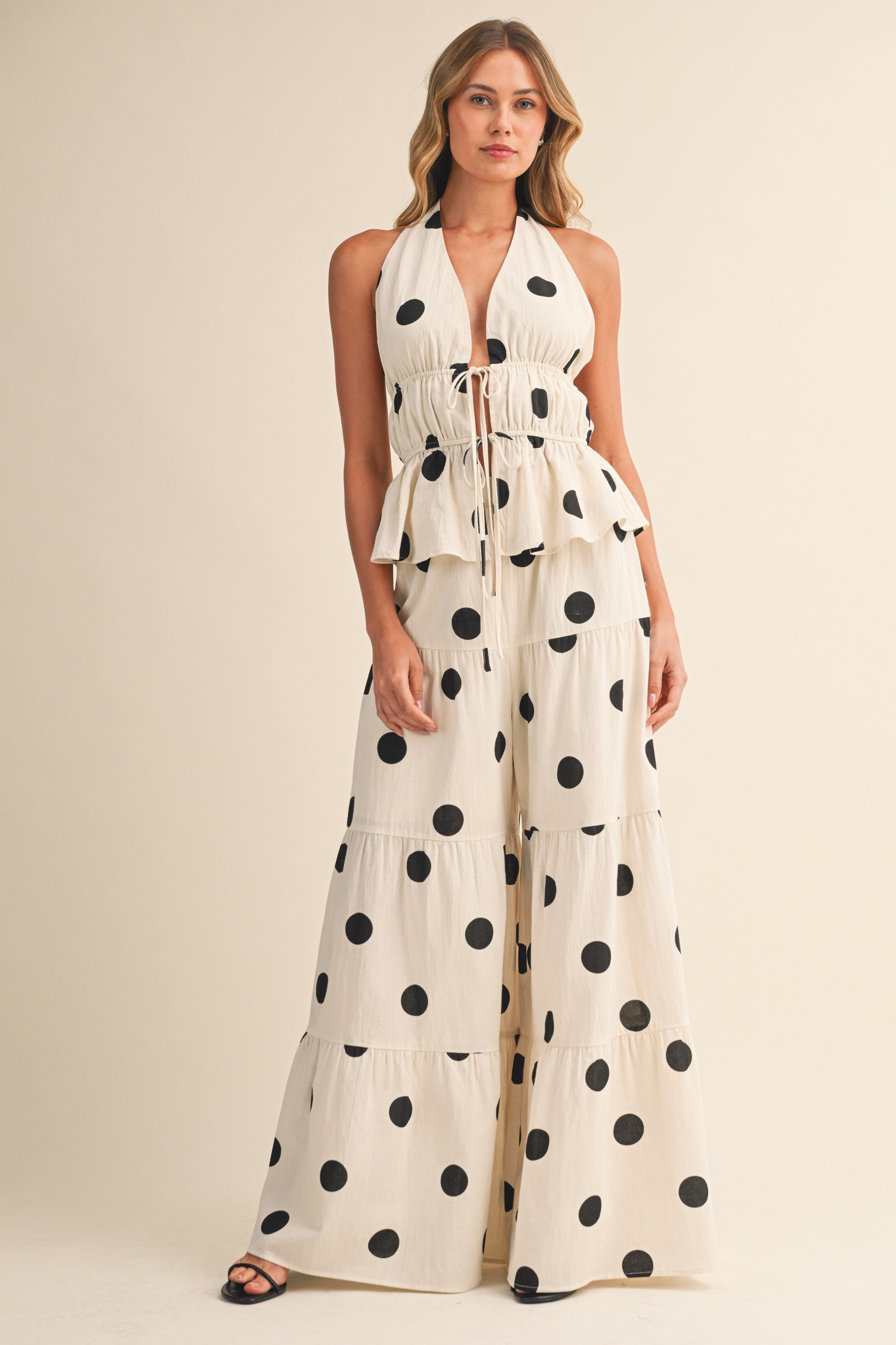 Polkadot Halter Tie-front Top & Tiered Wide-leg Pants Set