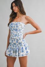 Kendra Floral Print Ruched Corset Top And Skort Set