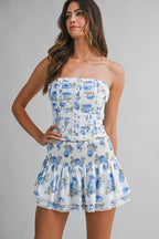 Kendra Floral Print Ruched Corset Top And Skort Set