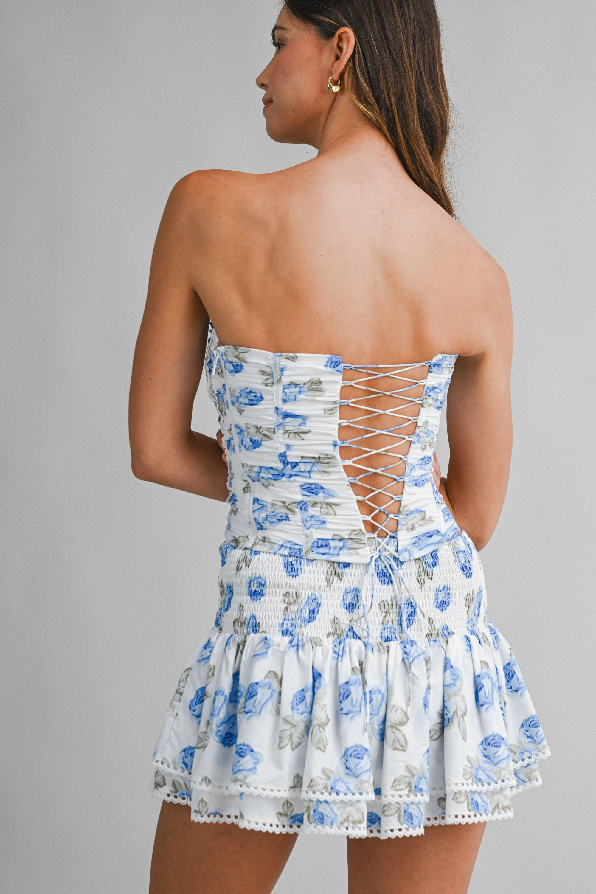 Kendra Floral Print Ruched Corset Top And Skort Set