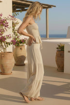 Strapless Peplum Top With Tiered Wide Leg Pants (Natural)