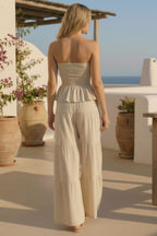 Strapless Peplum Top With Tiered Wide Leg Pants (Natural)