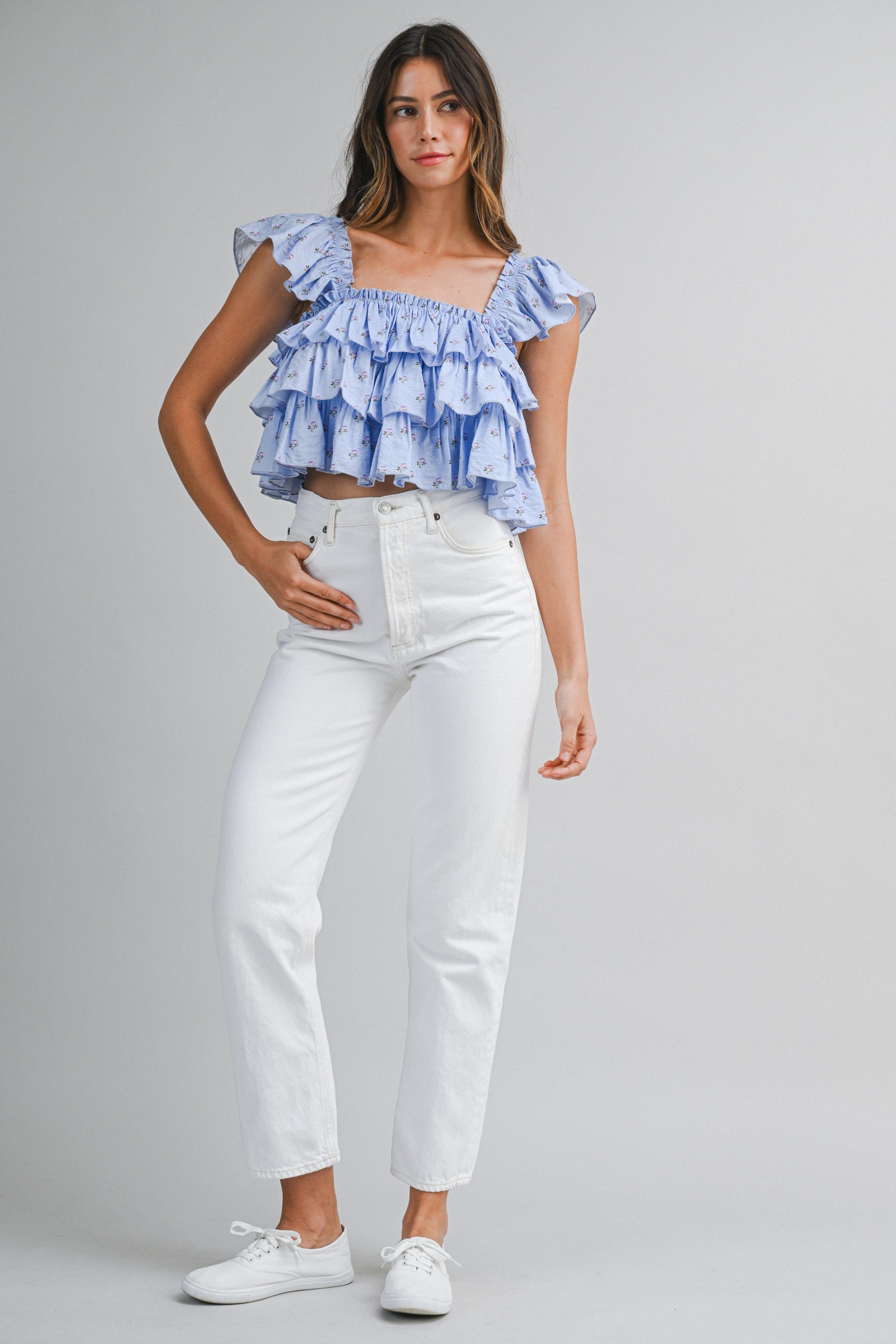 Daisy Veil Ruffle Blouse (Blue)