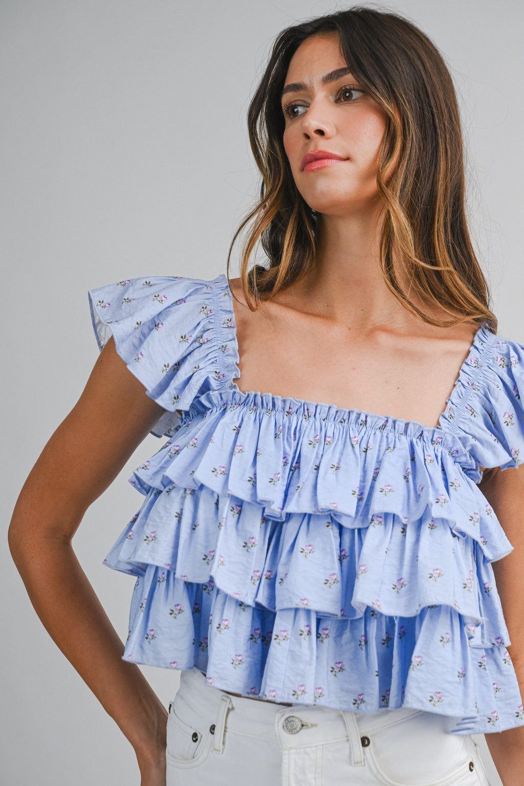 Daisy Veil Ruffle Blouse (Blue)