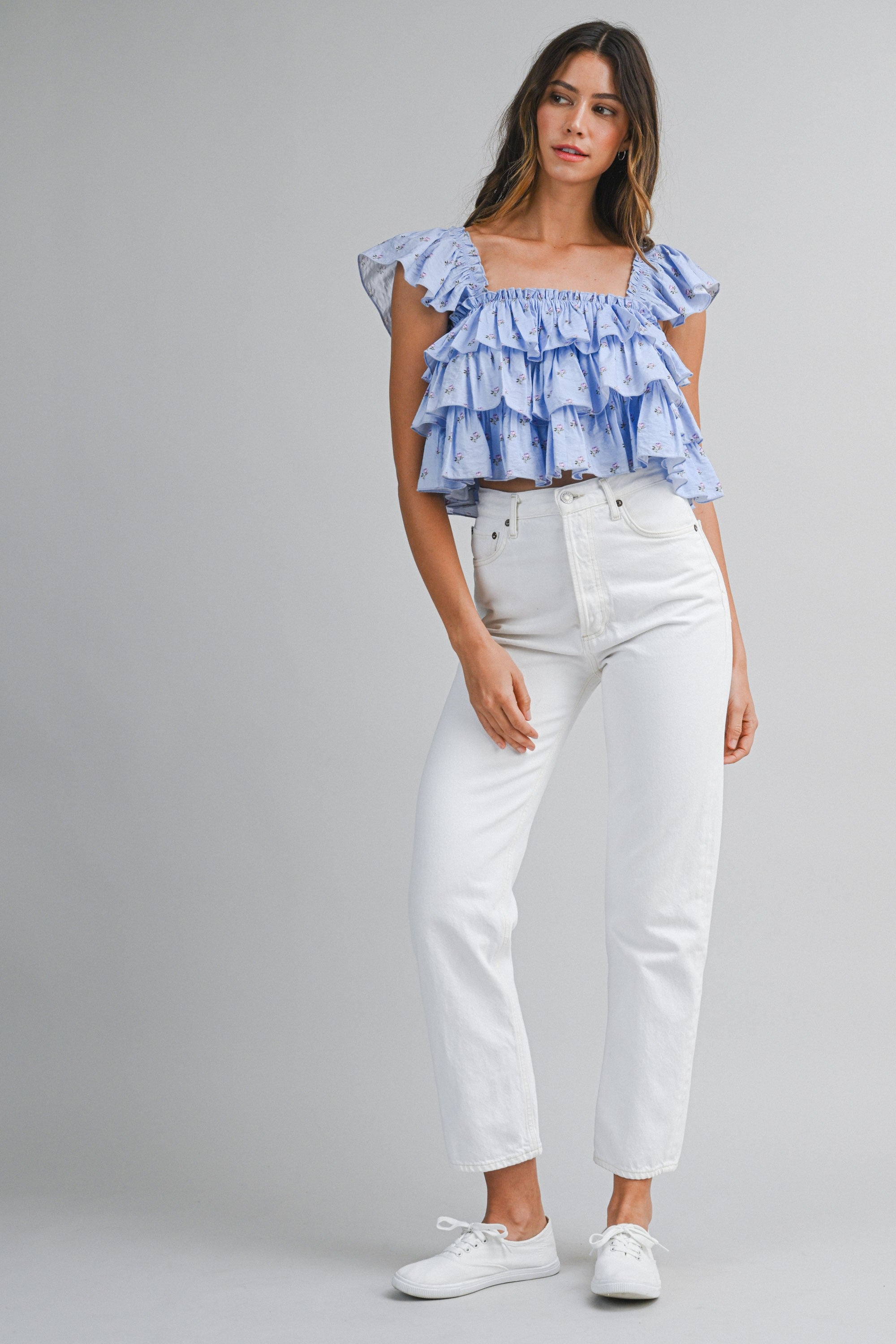 Daisy Veil Ruffle Blouse (Blue)