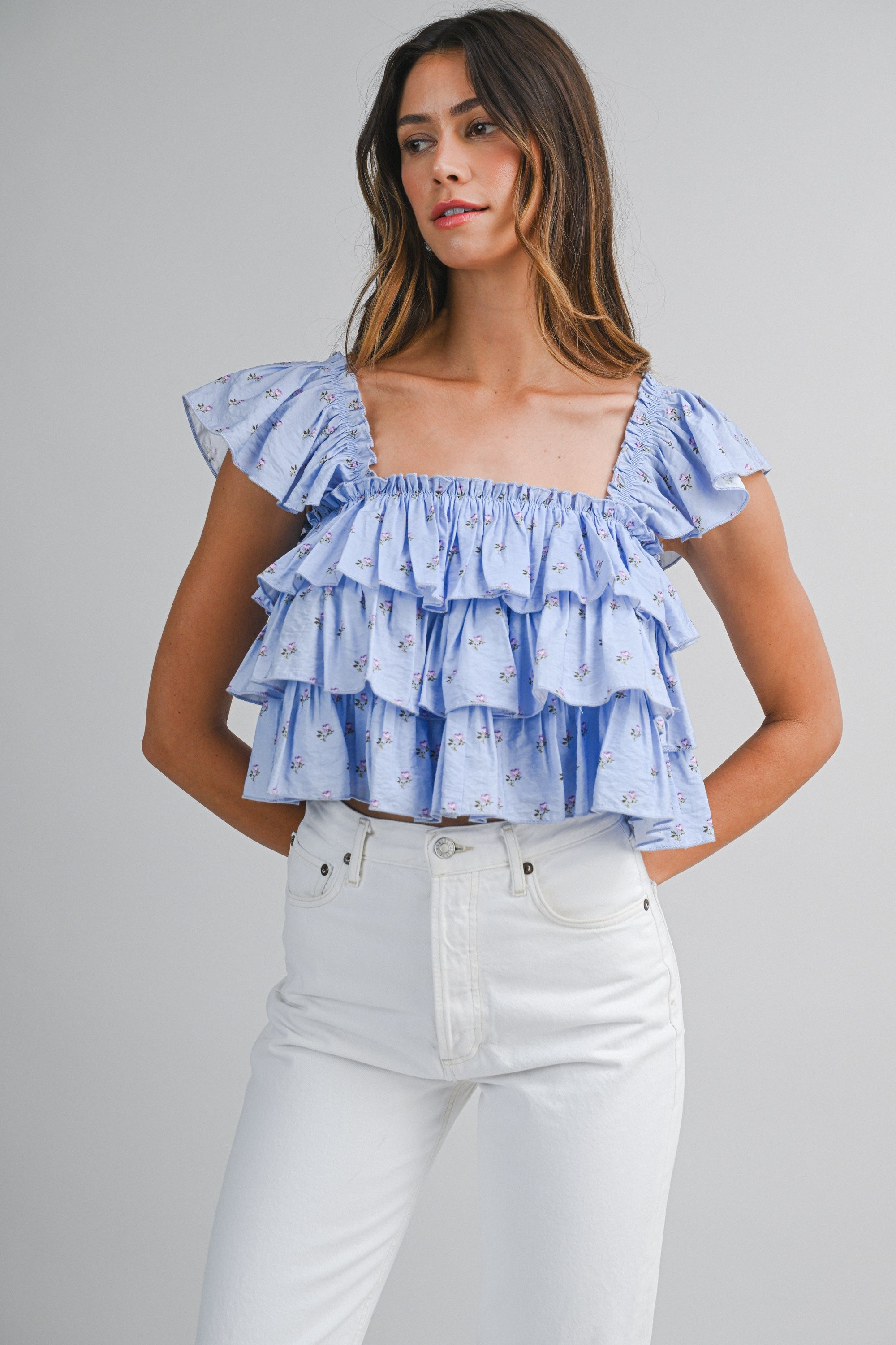 Daisy Veil Ruffle Blouse (Blue)