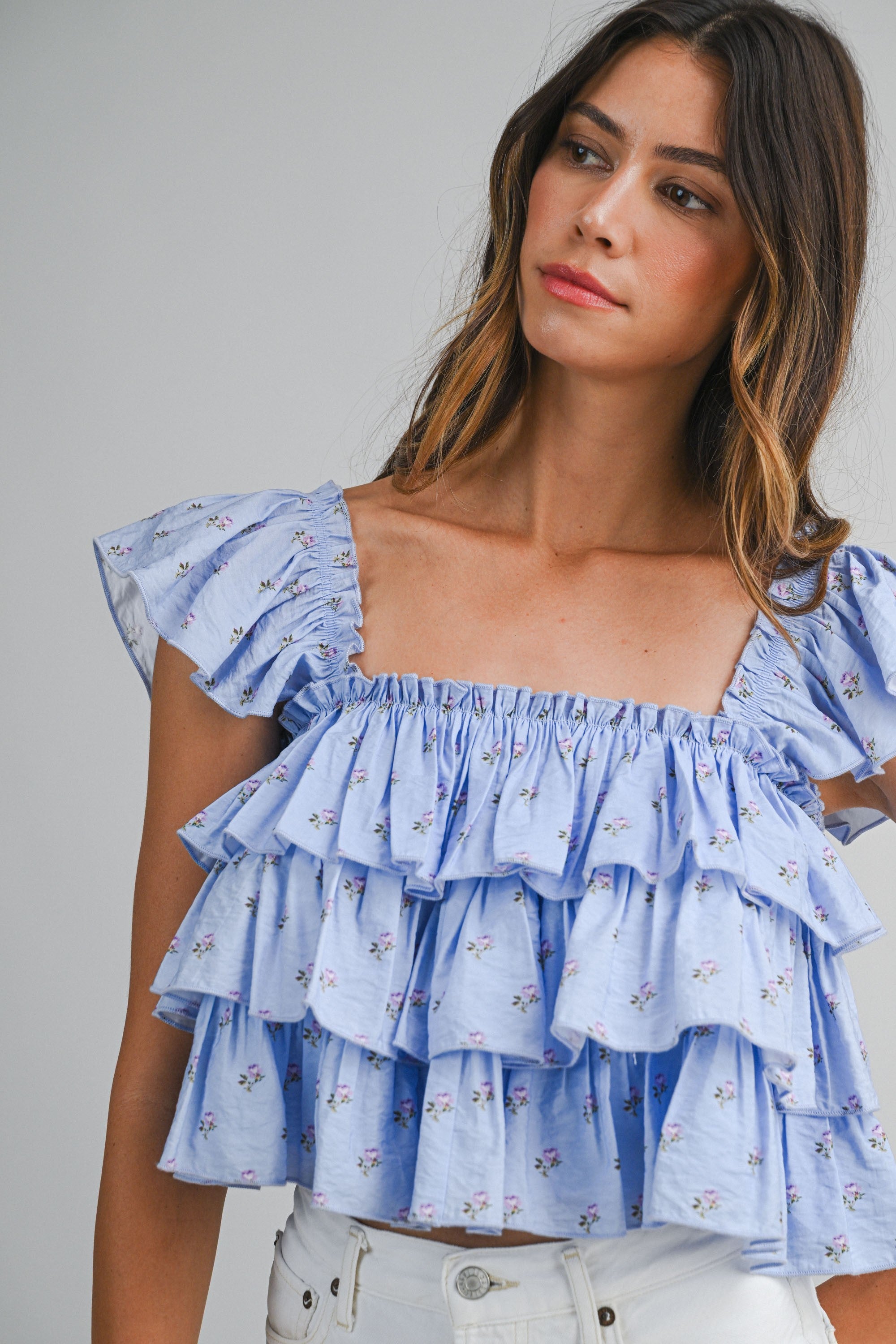 Daisy Veil Ruffle Blouse (Blue) Main image