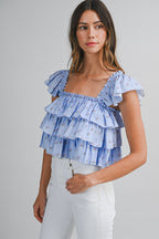 Daisy Veil Ruffle Blouse (Blue)