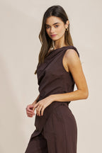 Monoco One Shoulder Asymmetric Top (Brown)