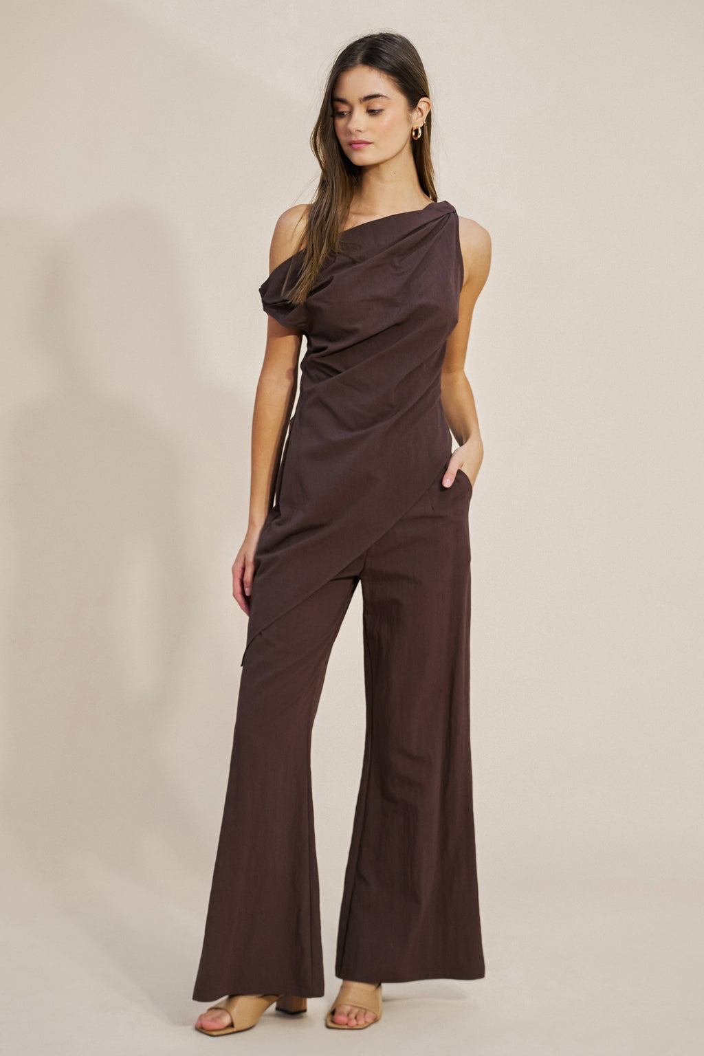 Monoco One Shoulder Asymmetric Top (Brown)