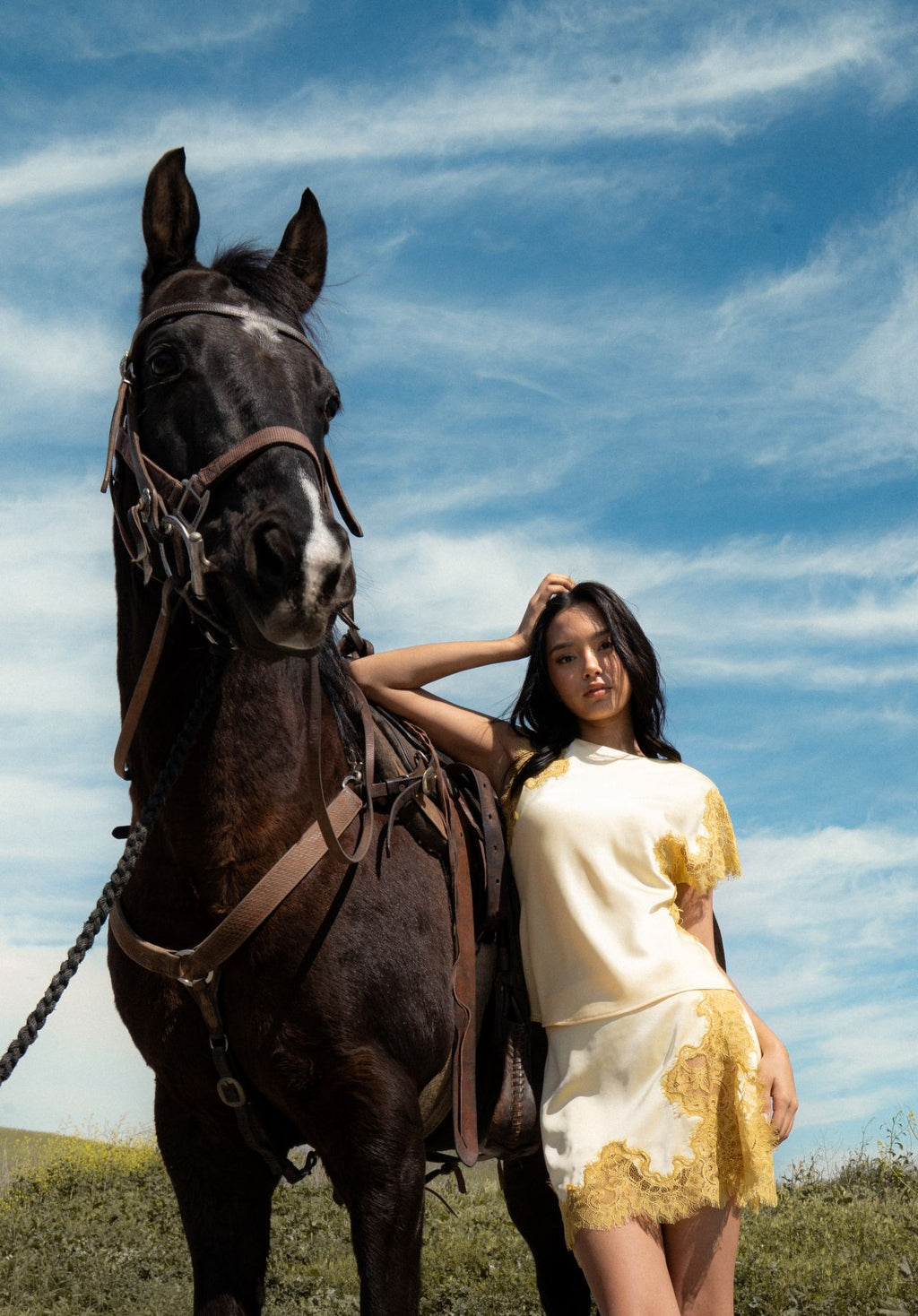 Gold Fore Asymmetrical Lace Panel Top
